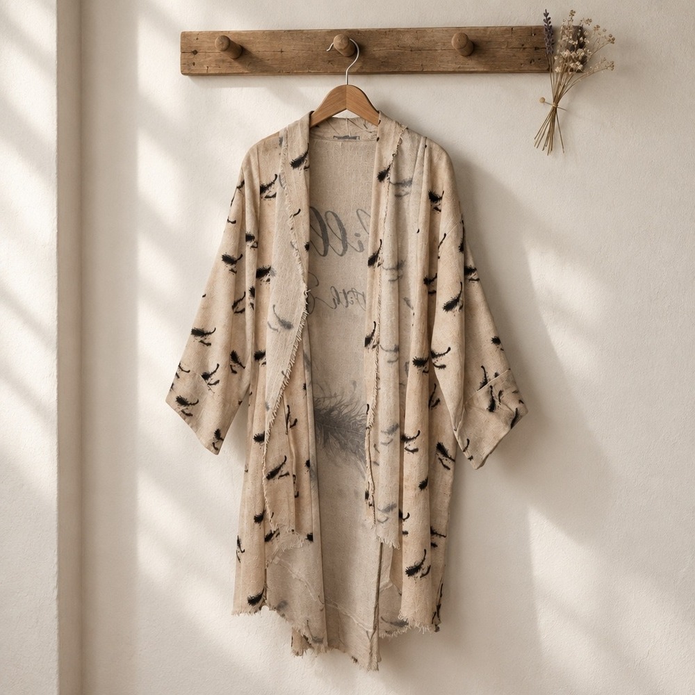 I Love Linen Kimono Cardigan Feather Print He Will Cover You With Feathers Tan